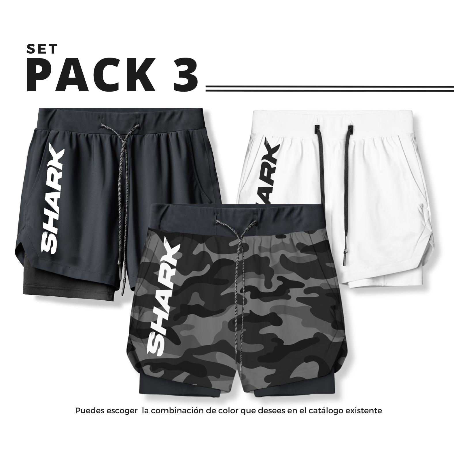 Set deportivo 3 pantalonetas deportiva running gym 2 en 1 Shark Company